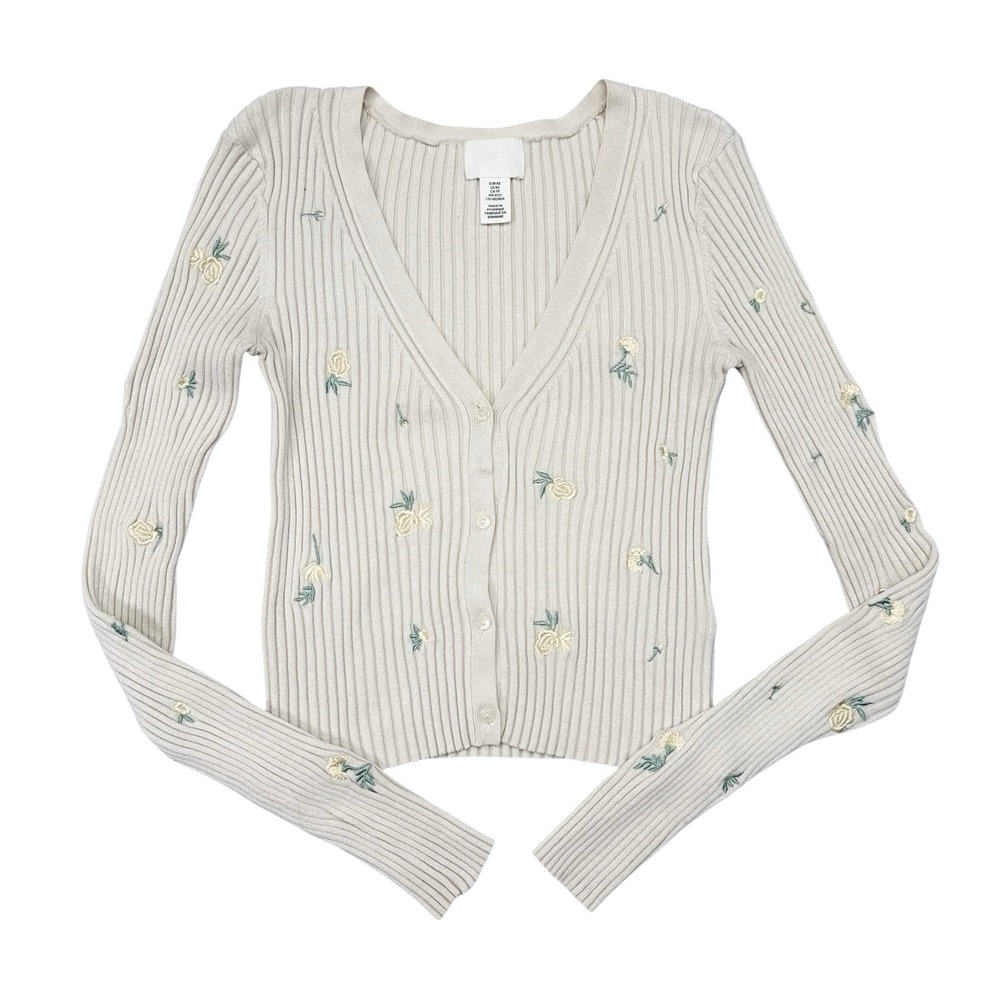 H&M Top Women's Size XS White Floral Long Sleeve Button Front Y2K Ribbed Fitted